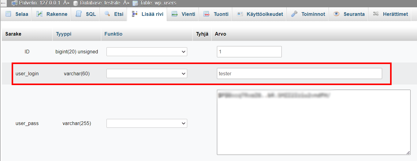 Kirjoita uusi käyttäjänimi user_login kohtaan ja päivitä taulukko - WPGuideGuy